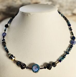 Dark Blue Glass Druid Flower Wreath Necklace Or Choker In Brass